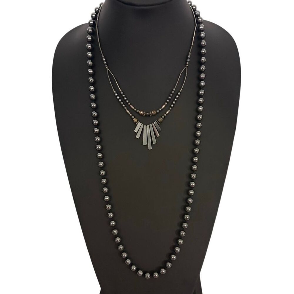Lot of 2 Vintage Hematite Necklaces Women's 32" & 18" Black Gray Hematite Beads